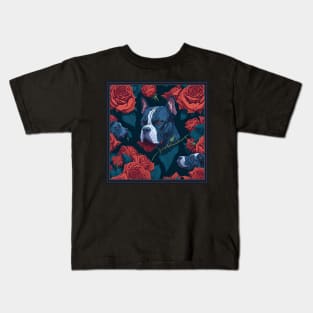 Dogs, pit bull and roses, dog, seamless print, style vector (red roses & pit) Kids T-Shirt